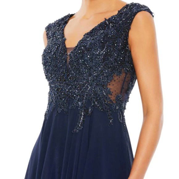MAC DUGGAL 20264 APPLIQUED CAP SLEEVE EMBELLISHED BODICE NAVY FLOWY GOWN sz 16 - Picture 2 of 4